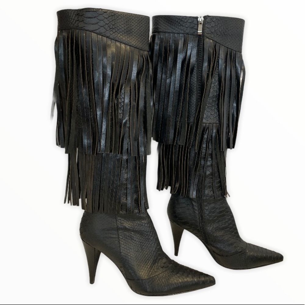 Fantasy collection black high heel fringe boots